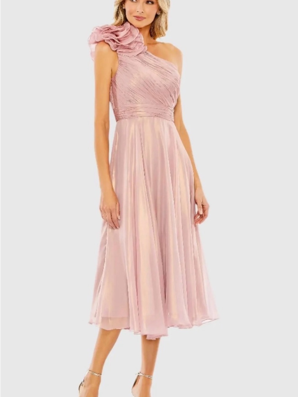 Mac Duggal One Shoulder Dusty Rosette Tea Length Dress Shimmer  Cocktail